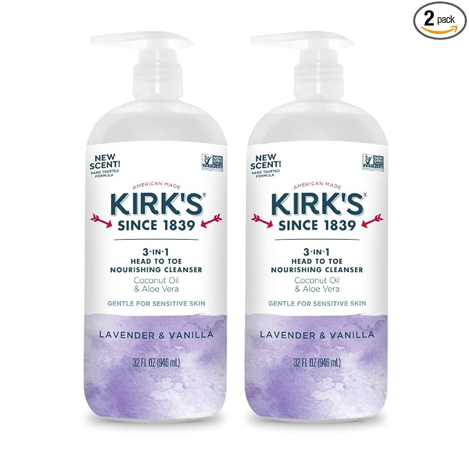 Kirk's 3-in-1 Head to Toe Nourishing Liquid Cleanser- for Men, Women & Children - Premium Coconut Oil & Aloe Vera- Non GMO & Vegan - Lavender and Vanilla - 32 Fl Oz. - 2 Pack