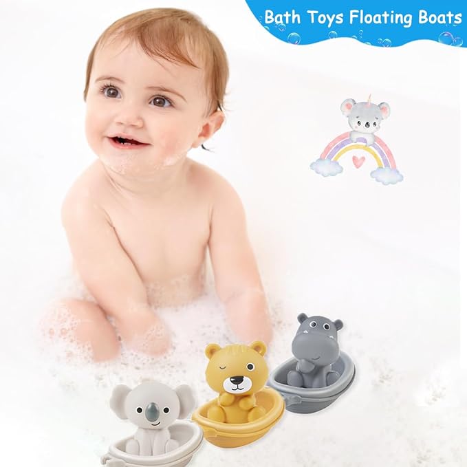 Baby Bath Toy Stackable Infant Bathtub Toys Stacking Floating Boat Train with Animal Finger Puppets Bath Toy Silicone Hand Puppet Educational Beach Toys for Babies Toddlers Party Favors