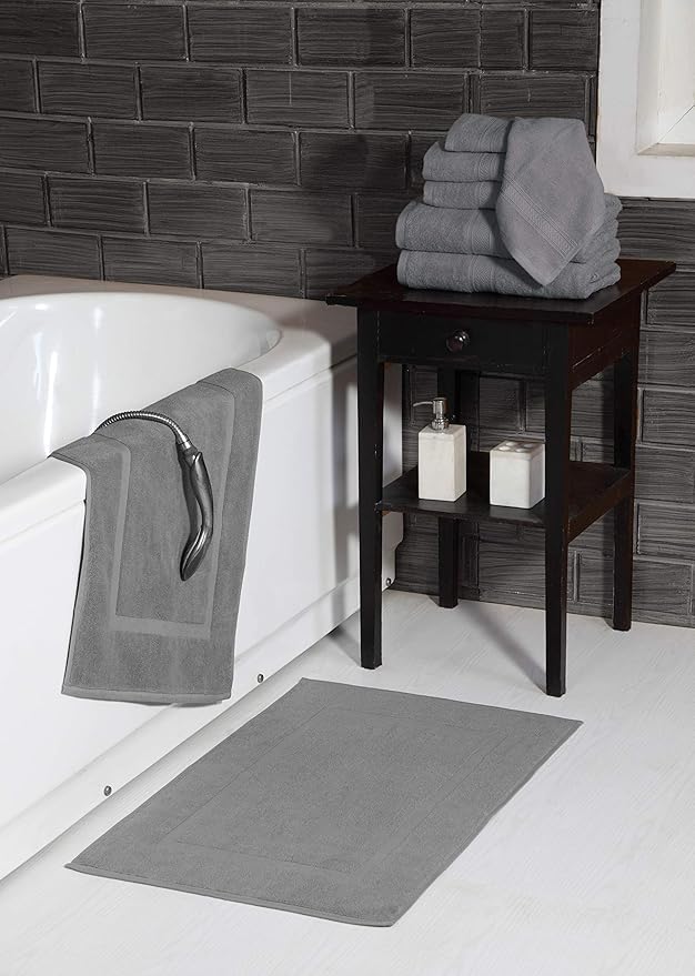 HILLFAIR 900 GSM-Hotel-Spa Tub-Shower Bath Floor Towels - (2 Pack, Platinum Grey, 21 Inch by 34 Inch) - 100% Cotton Floor Towels Machine Washable Cotton Terry Bath mat Rugs - 2 piece Towel Set