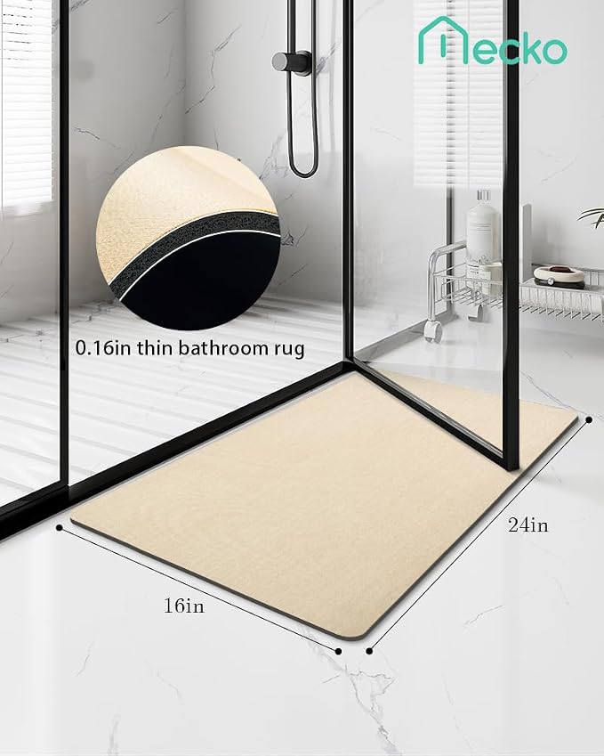 Mecko Bath Mat, Ultra Absorbent Quick Dry Bathroom Floor Mats-Rubber Non-Slip Thin Bathroom Rug Fit Under Door, Faux Suede Surface Shower Rug for Bathtub, Sink, Shower Room(Beige,16"x24")
