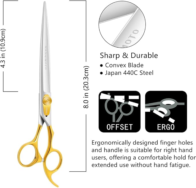 HASHIMOTO Dog Scissors for Large Dog Grooming, 8.0 inch Straight Shears - Light Weight, Balanced, Ergonomic Design for Professional Pet Groomers or Family DIY Use