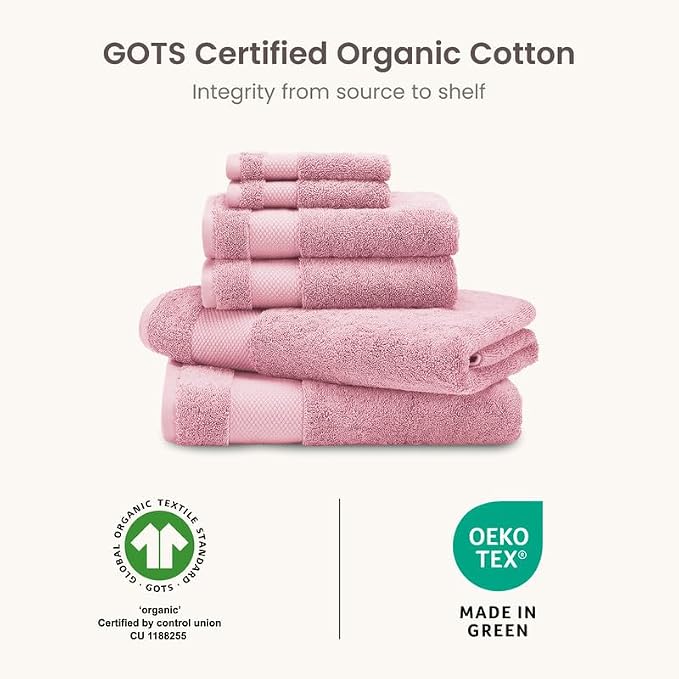 BIOWEAVES 100% Organic Cotton Bath Towel Set | 700 GSM Plush 6-Piece Premium Towel Set GOTS Certified, 2 Bath Towels, 2 Hand Towels & 2 Washcloths - Dusty Pink