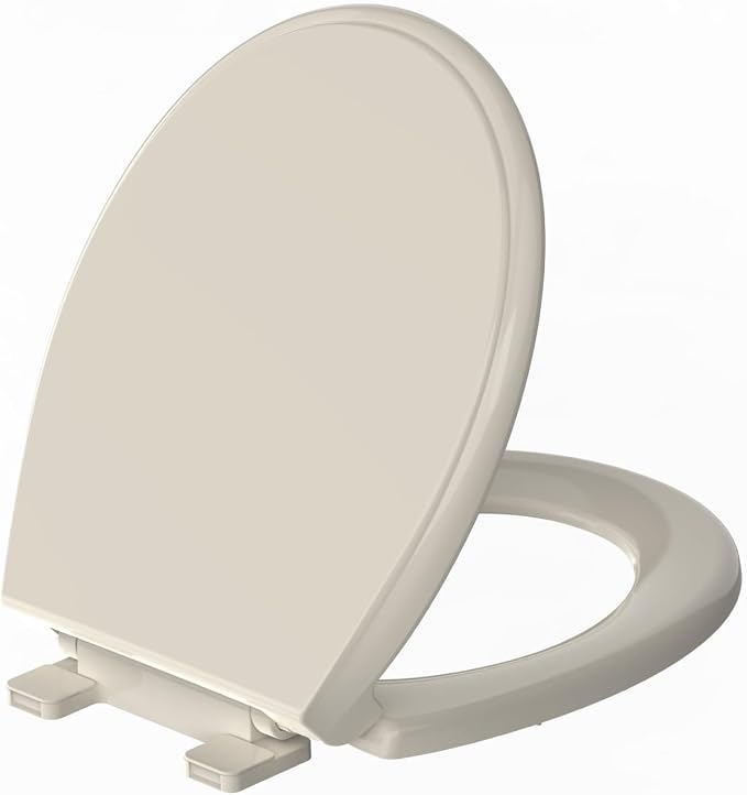 Round Toilet Seat Almond 16.5 Inch, Soft Close Toilet Seat, Quiet No Slam Toilet Lid, Easy Install & Quick Release, Durable PP Plastic, Easy Clean, Fits Most Standard Round Toilets, Almond