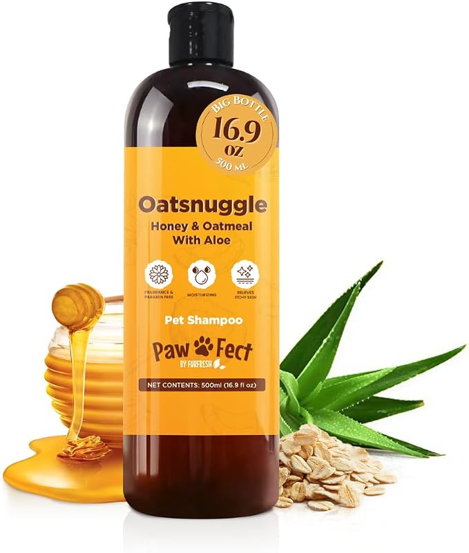 Honey & Oatmeal 16.9 oz Pet Shampoo for Dogs, Natural Formula with Colloidal Oatmeal, Aloe & Honey - Relieves Itchy Dry Skin, No Sulfates or Parabens, Gentle, Chamomile Scented
