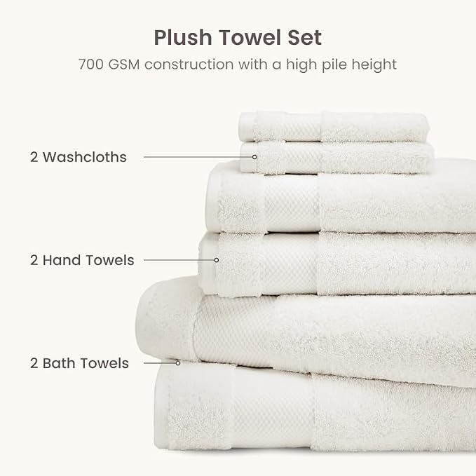 BIOWEAVES 100% Organic Cotton 700 GSM Plush 6-Piece Towel Set GOTS Certified, 2 Bath Towels, 2 Hand Towels & 2 Washcloths - Ivory