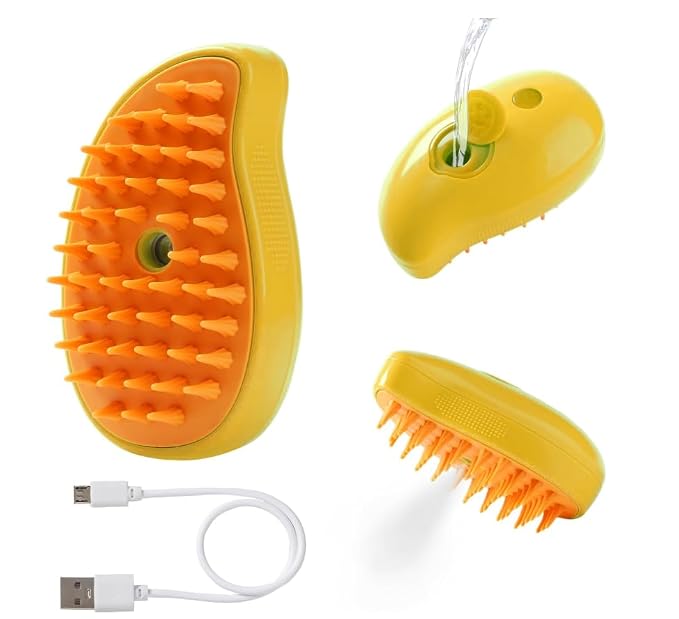 3-in-1 Steam Pet Brush for Cats & Dogs – Self-Cleaning Spray Comb for Grooming, Shedding & Massaging – Quiet Rechargeable Electric Steamer Hair Remover with Mist – Indoor Spa Tool (Yellow)