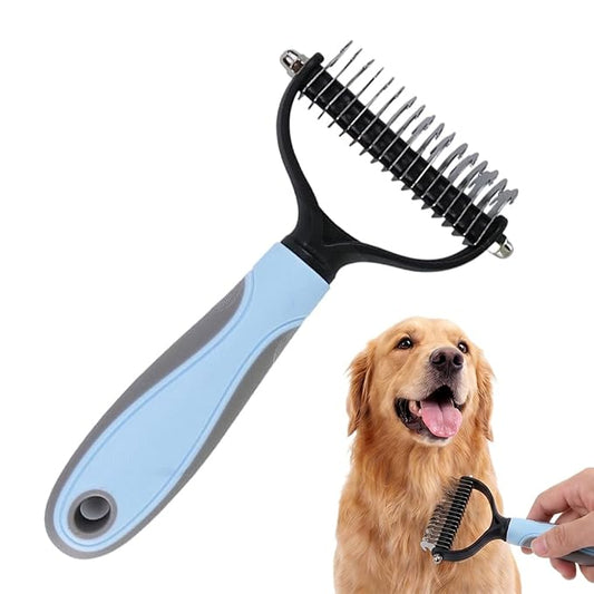Double-Sided Pet Grooming Brush, Pro Tool For Dogs Shedding Stainless Steel Dual Tooth Undercoat Rake Detangling Comb Ergonomic Pet Grooming Brush (Blue, 1PCS)