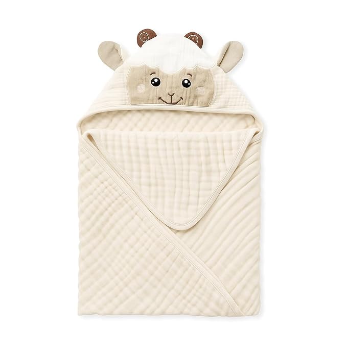 Blissful Diary Muslin Baby Hooded Towel 1 Pack, Soft & Absorbent Bath Towel for Infant, Toddler, Unisex, Baby Gift, Newborn Essentials, Gentle Lamb
