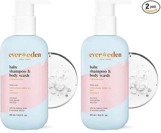 Evereden Baby Shampoo & Body Wash 2-in-1, 8.5 fl oz | Gentle, Non-Toxic, Fragrance-Free, Hydrating Formula for Sensitive Skin (Pack of 2)