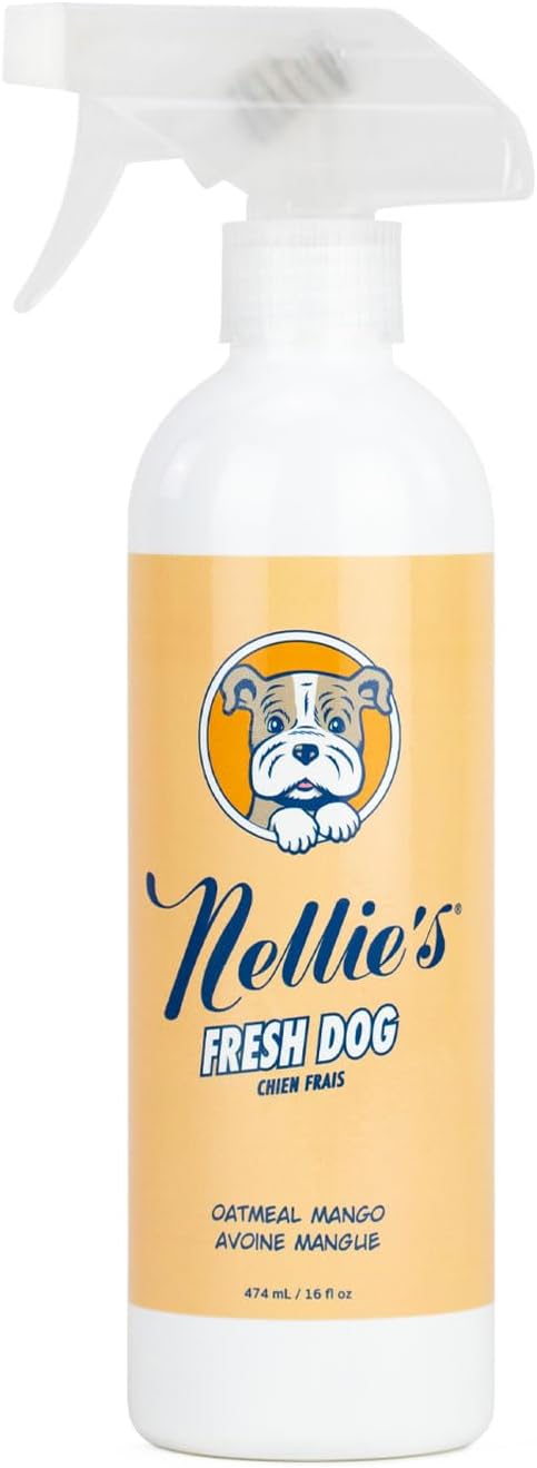 Nellie's Fresh Dog – Waterless Dog Shampoo – Oatmeal Mango Scent, Enzyme Blend, Plant-Based, No Harsh Ingredients – Ideal for All Breeds, Long or Short Hair – Simple Pet Grooming (16 fl oz)