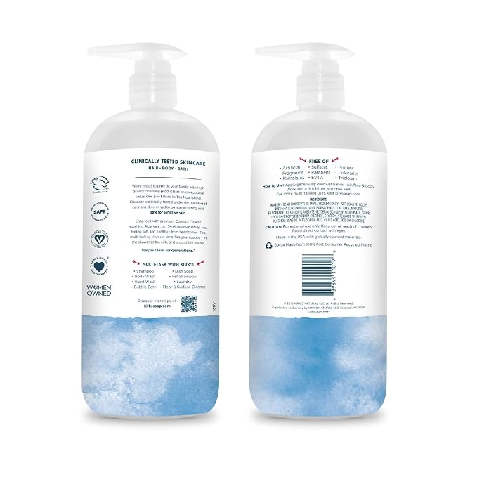 Kirk's Original Fresh 3-in-1 Nourishing Cleanser, Shampoo Body Wash Bubble Bath, Coconut Oil and Aloe Vera, Vegan Non-GMO, 32 Fl Oz