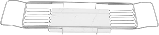 Expandable Bathtub Tray, 26.7-35.4 Inches Stainless Steel Bath Caddy Tray with Marble Base Adjustable Luxury Bath Trays for Tub Scented Candle Wine Glass Books (Silver+White)