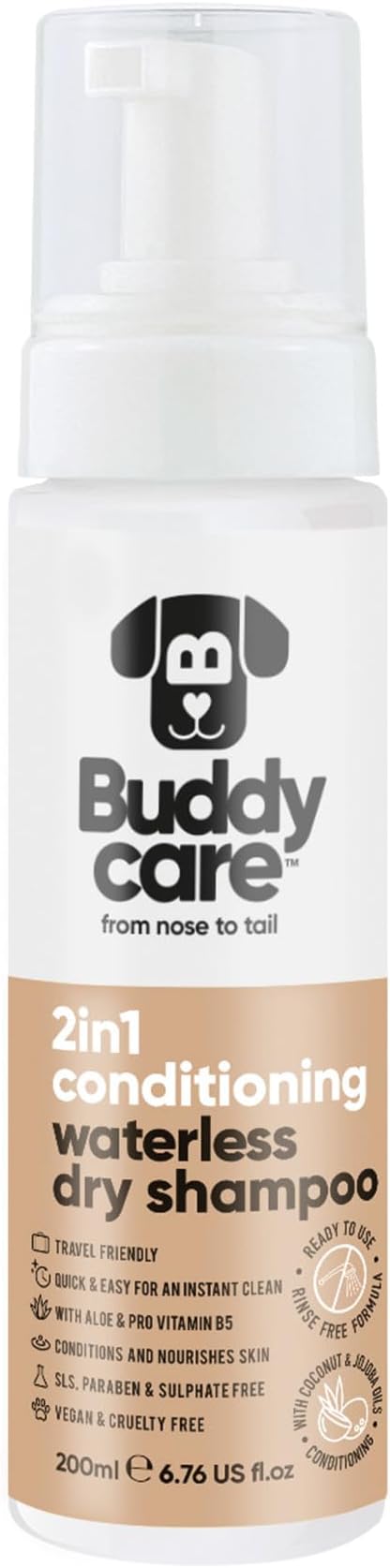 Buddycare 2in1 Conditioning Waterless Dry Dog Shampoo – No Rinse Quick Clean Foam, with Aloe & Pro Vitamin B5, Nourishing Coat & Skin Care, Travel Friendly, SLS & Paraben Free, Vegan Pet Grooming