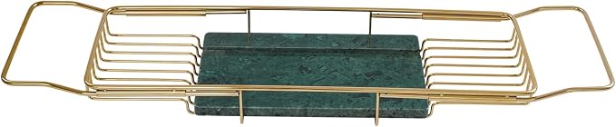 Expandable Bathtub Tray, 26.7-35.4 Inches Stainless Steel Bath Caddy Tray with Marble Base Adjustable Luxury Bath Trays for Tub Scented Candle Wine Glass Books (Gold+Green)