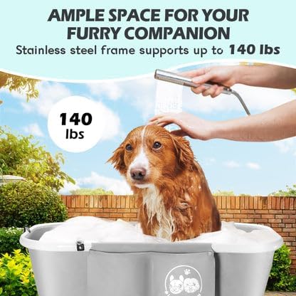 Premium Elevated Portable & Foldable Dog Bathtub – 5 Adjustable Heights for Back-Friendly Grooming. Portable Indoor/Outdoor Pet Washing Station, Supports Small & Medium Dogs, Cats