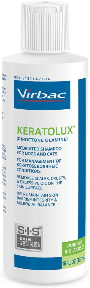 Virbac KERATOLUX® (Piroctone Olamine) Medicated Shampoo for Oily to Flaky Skin, Seborrheic Prone Dogs and Cats - 16 oz