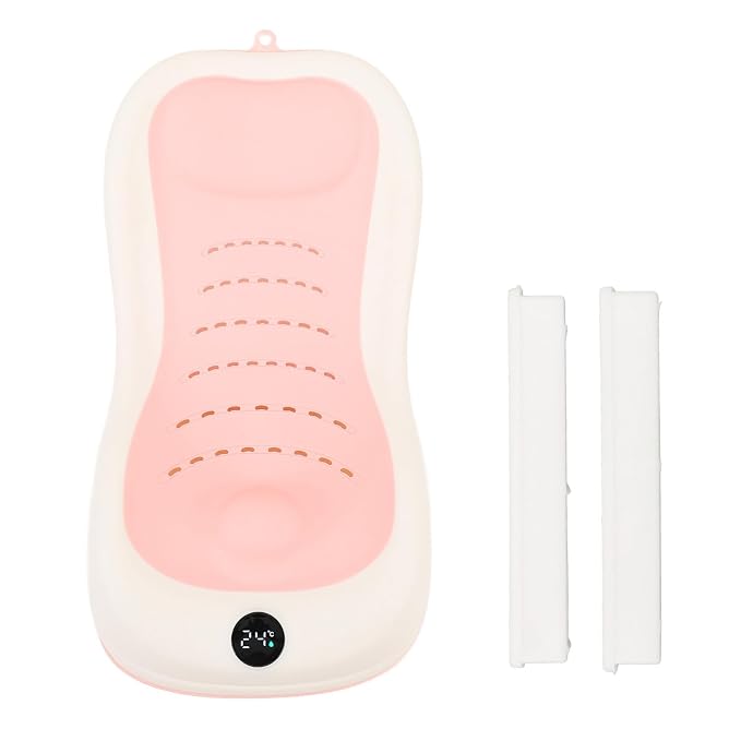 Asixxsix Baby Bath Support, Smart Temperature Sensing Non Slip Baby Bath Seat, Foldable Newborn Bathtub with Thermometer for Newborns Infants Toddlers (Pink)
