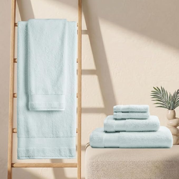 BIOWEAVES 100% Organic Cotton 700 GSM Plush 6-Piece Towel Set GOTS Certified, 2 Bath Towels, 2 Hand Towels & 2 Washcloths - Seafoam
