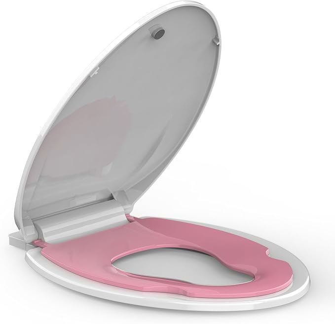 Enlongated Toilet Seat with Built-in Toddler Seat for Easy Potty Training, Baby Toilet lid 2 in 1, Easy Install and Clean, PP Material Safe and No Loosen, Perfect for Both Adults and Children, Pink