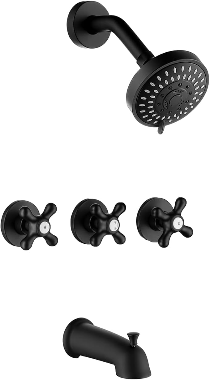 3 Handle Tub Shower Faucet Matte Black Three Knod Tub and Shower Trim Kit 3 Handles Bathtub Shower Faucets Completes with Brass Valve