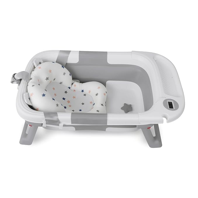 Baby Bathtub for Newborn Infant, Collapsible Baby Bathtub with Temperature Display & Soft Cushion, Infant to Toddler Bathtub, Portable Foldable Travel Bath Tub, 0-24 Months (Grey)