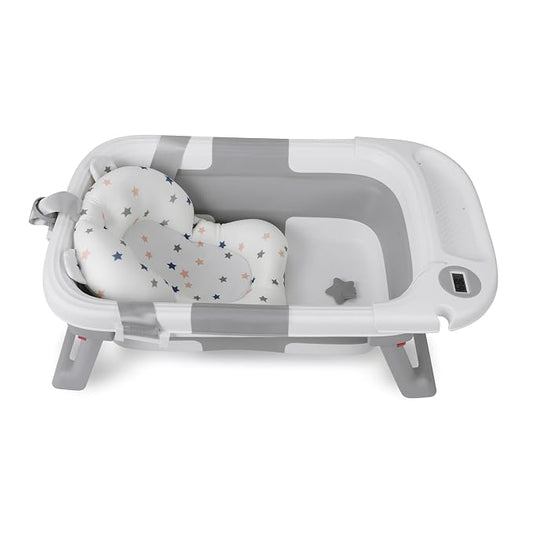 Baby Bathtub for Newborn Infant, Collapsible Baby Bathtub with Temperature Display & Soft Cushion, Infant to Toddler Bathtub, Portable Foldable Travel Bath Tub, 0-24 Months (Grey)
