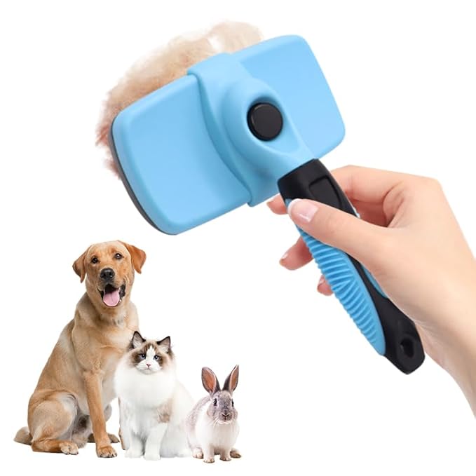 Self Cleaning Slicker Brush for Dogs & Cats, Gentle Deshedding and Hair Removal Tool for Long & Short Haired Pets, Easy Push Button, Yellow