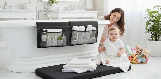 NEW Luxury Bath Kneeling Pad and Elbow Rest Set - THICK SOFT Bath Kneeler Pad and Bath Toys Organizer with Pockets - Supports Knees and Elbows - Bath Kneeling Pad for Baby Bathtime - Dark Grey