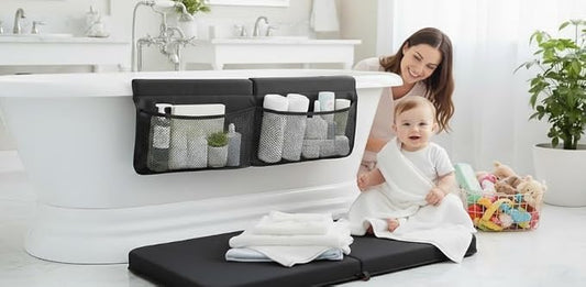 NEW Luxury Bath Kneeling Pad and Elbow Rest Set - THICK SOFT Bath Kneeler Pad and Bath Toys Organizer with Pockets - Supports Knees and Elbows - Bath Kneeling Pad for Baby Bathtime - Dark Grey
