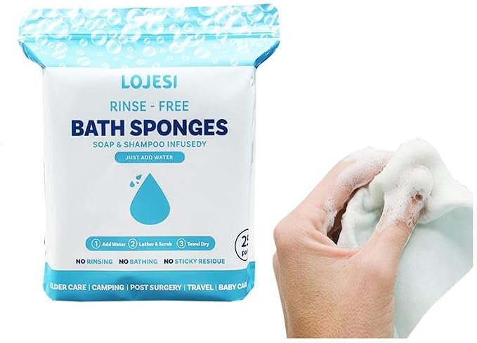 LOJESI Rinse-Free Bath Sponges, Soap & Shampoo Infused, Hypoallergenic, pH Balanced, 7.874x7.874 Inches, 25 Count