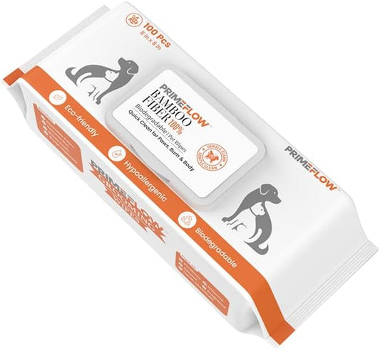 Pet Wipes for Dogs & Cats 100% Bamboo Grooming Wipes, 100 Count | Alcohol-Free, Fragrance-Free 8 x 8 in Plant-Based Wipes for Paws, Body, Face & Rear | Lab-Tested