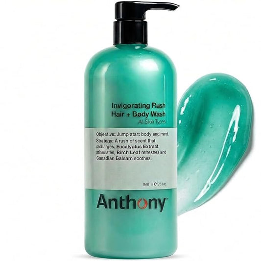 Anthony Invigorating Rush Hair and Body Wash, 32 Fl Oz, Contains Eucalyptus Extract, Canadian Balsam, Birch Leaf, 2-In-1 Formula For Hair and Body, That Cleanses, Refreshes, Hydrates and Soothes