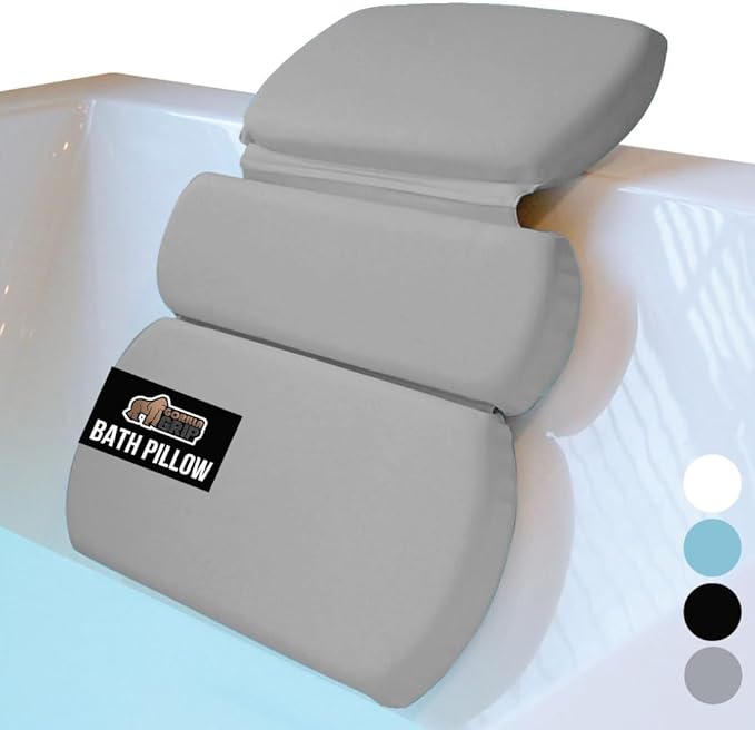 GORILLA GRIP Bath Pillow for Tub, Strong Suction Cups, Luxury Bathtub Pillows, Headrest Neck and Back Support, Relaxing Hot Tub and Home Spa Accessories, Bathroom Essentials, Gifts for Women, XL Gray