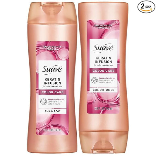 Suave Keratin Shampoo and Conditioner Set, Color Care – Keeps Color Vibrant + 48 Hour Frizz Control, 12.6 Oz Ea