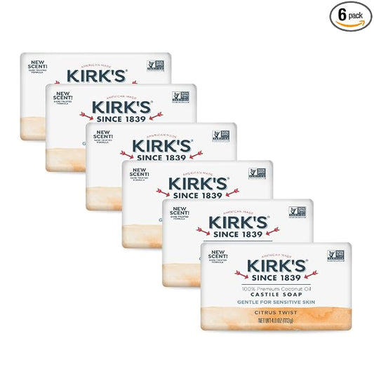 Kirk's Castile Bar Soap, Citrus Twist - Clinically Tested, Safe for Sensitive Skin with Coconut Oil, Vegan and Non-GMO - 4 oz Bars, 6 Pack