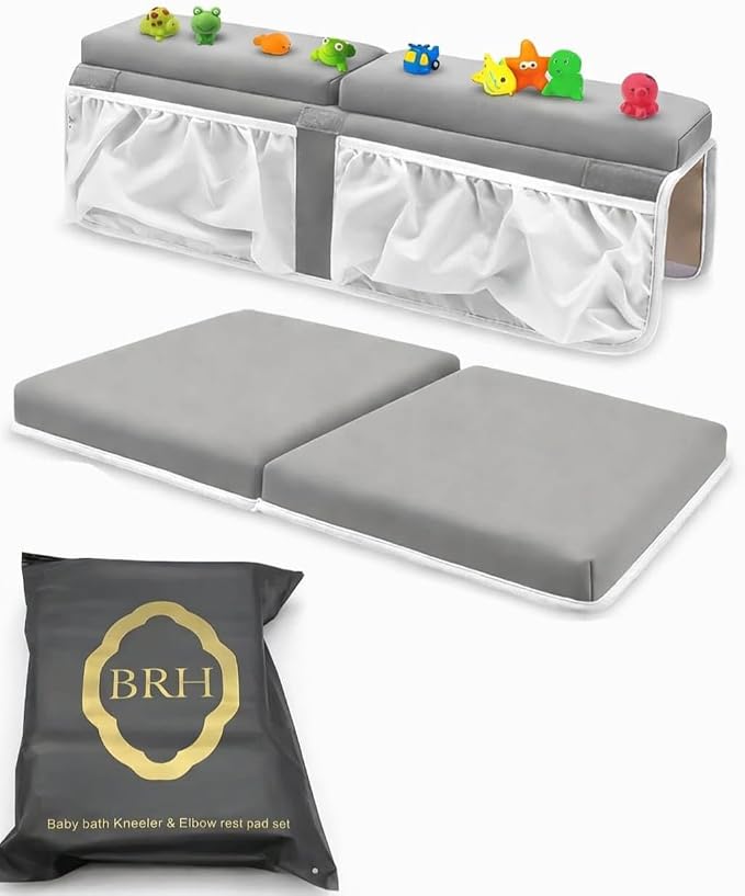 BRH Baby Bath Kneeler & Elbow Rest pad Set for Bath Toys,Baby Bathtub – 1.5 inches Thick Cushion, Non-Slip, 4 Mesh Pockets, Baby Essentials knelling pad, Baby Bath mat