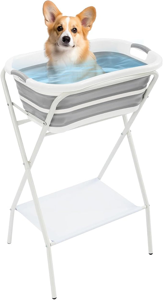 Foldable Pet Bathtub with Stand - 38.8 Inch Height Elevated Bathing Tub for Cats & Small Dogs, Drainage Tube & Non-Slip Mat, Portable Grooming Station