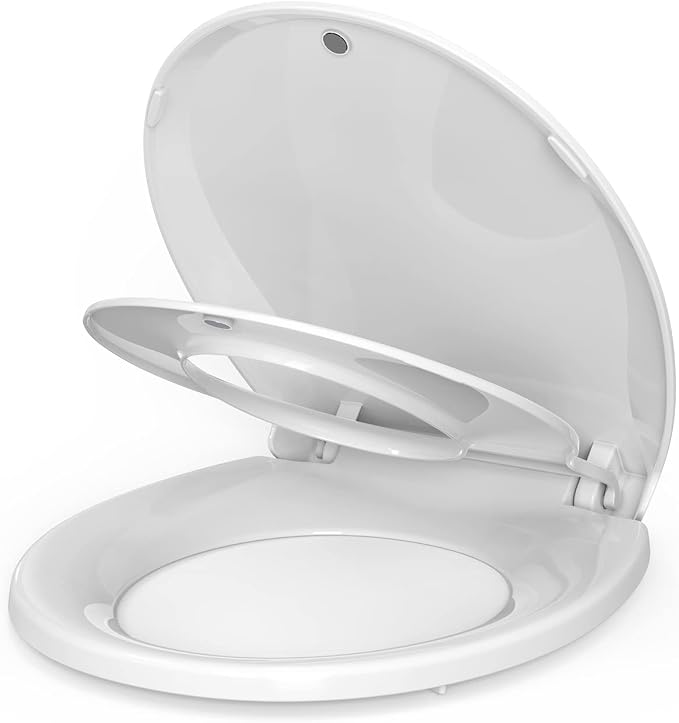 Round Toilet Seat with Toddler Seat, PP Safe Material, 2 in 1 Toilet Seat for Family Built-in Baby Seat Removable, 17 in,Soft Close + Easy Clean(White)
