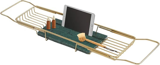 Expandable Bathtub Tray – 26.77" to 35.43" Adjustable Bathtub Caddy | with Natural Marble Board, Raised Guardrails, Tablet/Phone Stand – Home Spa Accessory for Bath, Holds 44 lbs (Gold + Green)