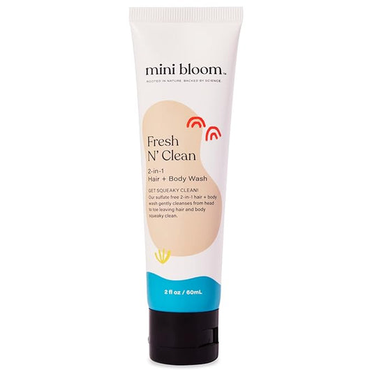 Mini Bloom Fresh N’ Clean 2-in-1 Hair + Body Wash Shampoo Sulfate-Free Baby & Kid Safe Aloe leaf, Chamomile extract, Lavender & Botanicals - Travel Size