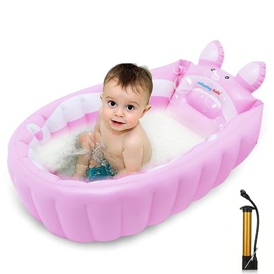 | Inflatable Baby Bathtub,Newborn Bathtub Seat for Infant,Non-Slip Baby Pool for Sitting up,Foldable Toddler Tub Shower,Portable Travel Bath for Kids 0-6 Year (Pink, Animal Print)