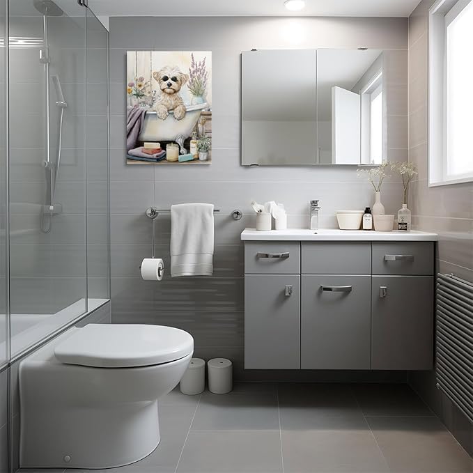 Framed Cute Dog Bathroom Wall Art Canvas Spa Bath Decor Gifts 12x16 Inches | Cute dog bathroom canvas with bath tub sunglasses lavender towels ready to hang for spa bathroom powder room pet lover decor