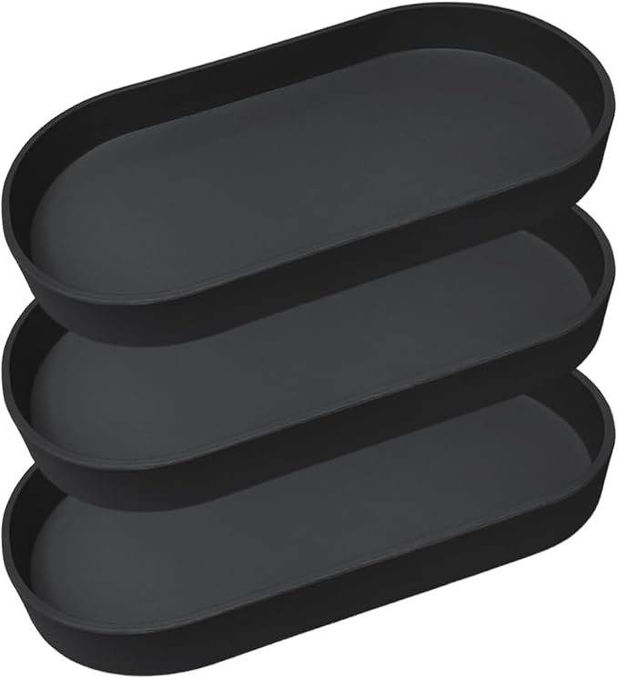 Black Small Oval Tray (11.8 inch), 3 Pack, Countertop Organizer | for Kitchen Counter, Bathtub Bathroom Vanity Items, Coffee Accessory, Bar, Serving Seasoning, Salt and Pepper, Soap.