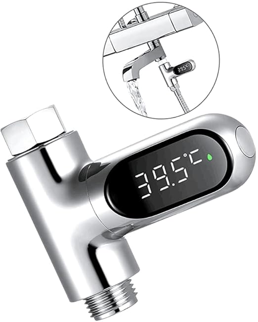 Baby Shower Water Thermometer, 360° Rotatable LED Digital Display with 3-Color Indicator, No Battery Hydropower Instant-Read Thermometer, Universal 1/2" Nut for Bathroom Kitchen Baby Bath