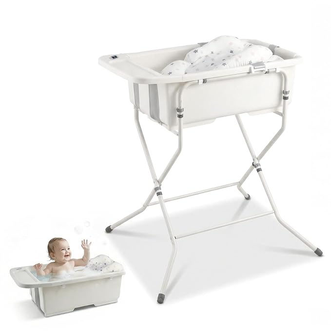 Baby Bathtub with Stand,Collapsible Infant Bath Tub | Large Capacity Newborn Toddler Shower with Thermometer & Soft Cushion for Baby 0 to 36 Months