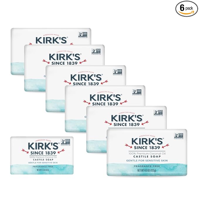 Kirk's Castile Bar Soap, Fragrance Free - Clinically Tested, Safe for Sensitive Skin with Coconut Oil, Vegan and Non-GMO - 4 oz Bars, 6 Pack and Fragrance Free Travel Bar