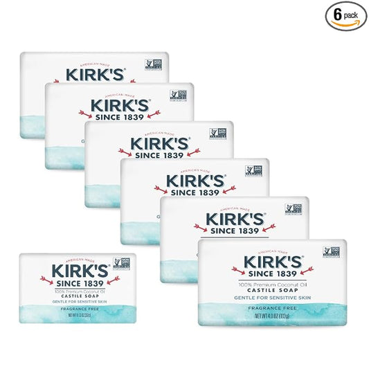 Kirk's Castile Bar Soap, Fragrance Free - Clinically Tested, Safe for Sensitive Skin with Coconut Oil, Vegan and Non-GMO - 4 oz Bars, 6 Pack and Fragrance Free Travel Bar