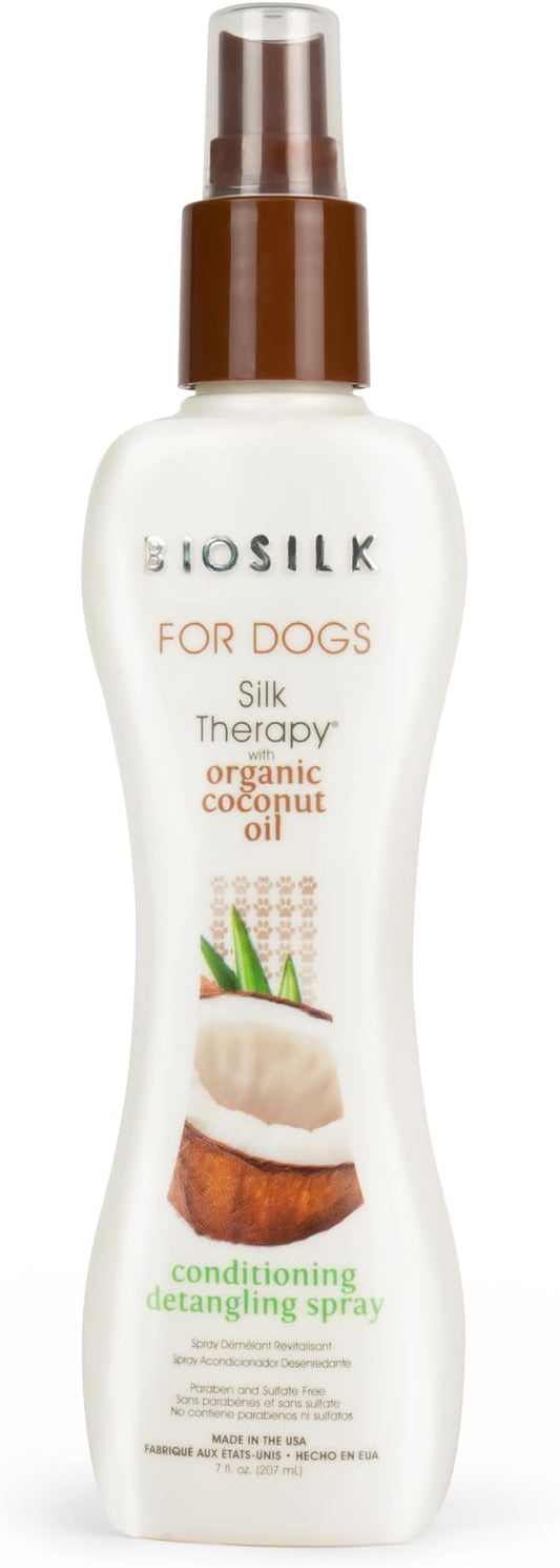 BioSilk Silk Therapy Conditioning Detangling Spray for Dogs with Natural Coconut Oil, Leave-In Detangler and Conditioner, Dematting Grooming Spray, Sulfate Free, 7 Fl Oz