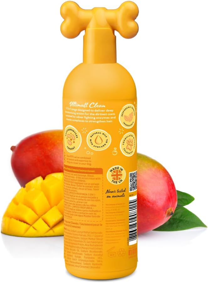 Pet Head Ultimutt Clean 3-in-1 Deep Clean Dog Shampoo | Mango Scent | Deeply Cleanses, Deodorizes & Conditions Your Dogs Coat | Eliminates Skunk and Fox Poo | Dog Shampoo for Smelly Dogs | 16 fl. oz.