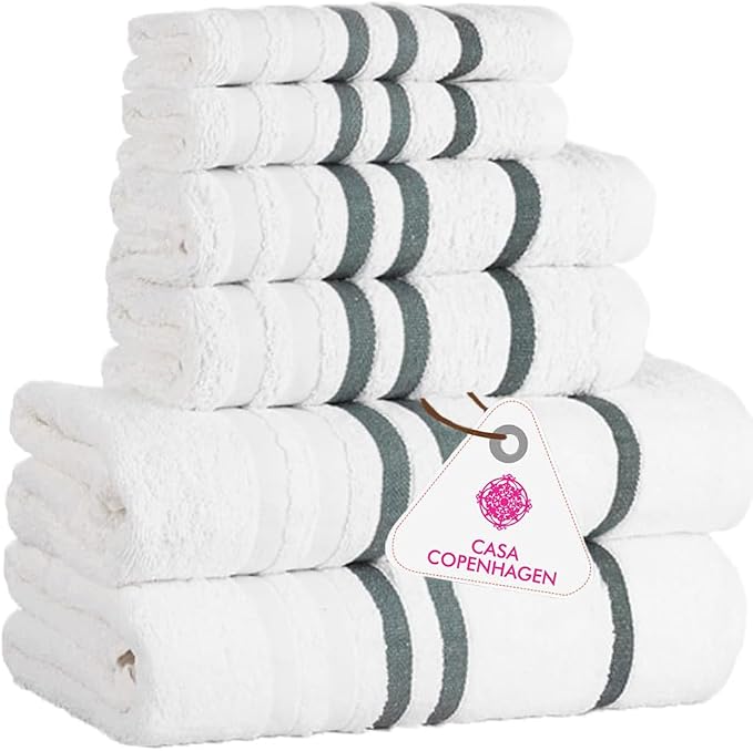 CASA COPENHAGEN Exotic 6 Pieces Towel Set- Snow White, 525 GSM 2 Bath Towel 2 Hand Towel 2 Washcloth, Designed in Denmark Made of Soft Egyptian Cotton for Bathroom, Kitchen & Shower
